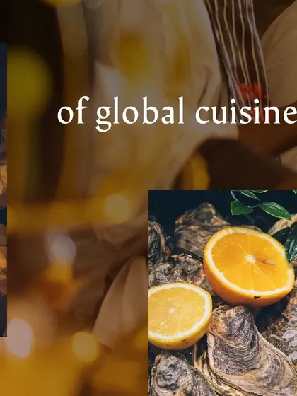 A collage highlighting our global cuisine offerings, including fresh oysters.