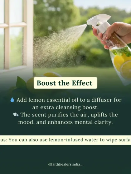 This carousel shows a simple lemon ritual to cleanse your home's energy. It includes placing lemon at the front door and in the kitchen, and diffusing lemon essential oil to maintain high vibrations.