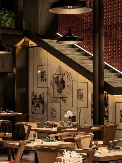 A concept render showing the area near the staircase. We used this visualization to plan the custom wall art and the visual effect of the terracotta jaali screen, ensuring it would serve as a striking design feature.