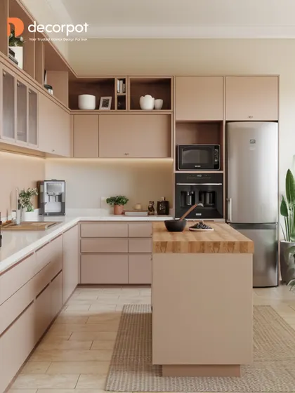 A warm and inviting kitchen with beige-pink matte cabinets and a wooden island. The open shelving and integrated appliances create a space that is both highly organized and beautifully styled for modern living.