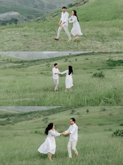 A sequence of shots showing the couple walking and dancing through a beautiful green meadow.