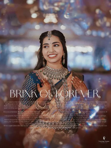 A joyful, smiling portrait of the bride, titled "Brink of Forever," with a beautiful bokeh background.