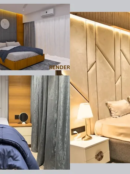 A "Render vs. Real" comparison for a bedroom in the Swami residence. Our 3D renders accurately predicted the final outcome, from the custom upholstered headboard to the ambient lighting, ensuring the client's vision was perfectly realized.