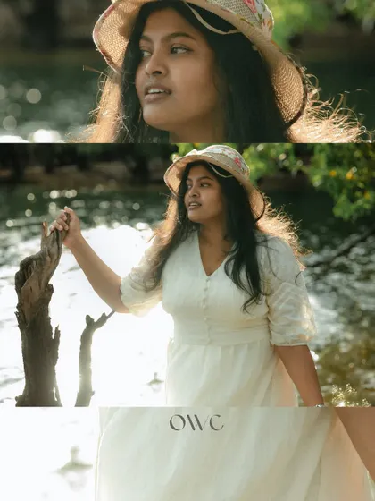A collage of moments from a sunlit pre-wedding shoot, showcasing the bride-to-be's natural beauty and happiness.