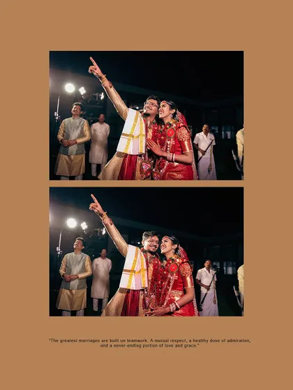 A happy moment after the main rituals, with the couple pointing to the sky, perhaps at the Arundhati star, a common post-wedding tradition.