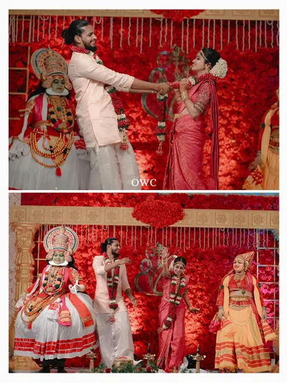 A collage showing the couple's playful dance and interactions on stage with Kathakali dancers.