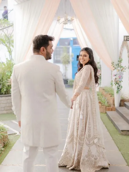 A classic "follow me to" shot from an engagement day. The bride's makeup was designed to be timeless, with soft, romantic tones that perfectly matched the dreamy, elegant aesthetic of the event.