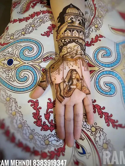 A classic bridal design with a woman on a swing, a popular and graceful motif in traditional mehndi. The portrait is framed by intricate patterns extending up the arm.