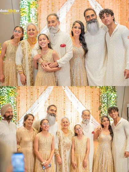 Two beautiful group portraits of the entire family, dressed in coordinated gold and white outfits for the 50th-anniversary celebration.