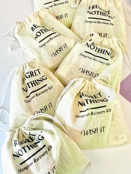 Our "I Regret Nothing" hangover recovery kits are a wedding favor they'll actually remember, even if they forget the night before. They are budget-friendly and packed with essentials.