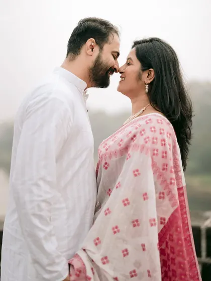 A close-up, intimate portrait of Chaitrali and Parth, capturing the quiet moments of their pre-wedding shoot.