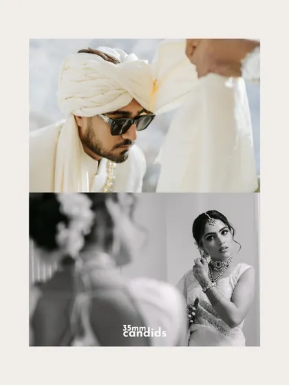 A diptych showing the groom getting his turban tied and the bride adjusting her earring in the mirror. A beautiful parallel of the bride and groom getting ready for their big day.