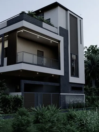 This architectural render showcases a modern home surrounded by lush greenery. The design features large, illuminated balconies and a sleek, contemporary aesthetic.