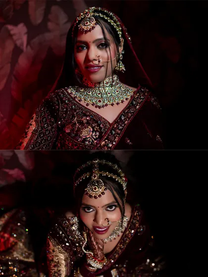 A diptych showing two different expressions: one direct and engaging, the other playful and coy. This highlights the bride's dynamic personality.