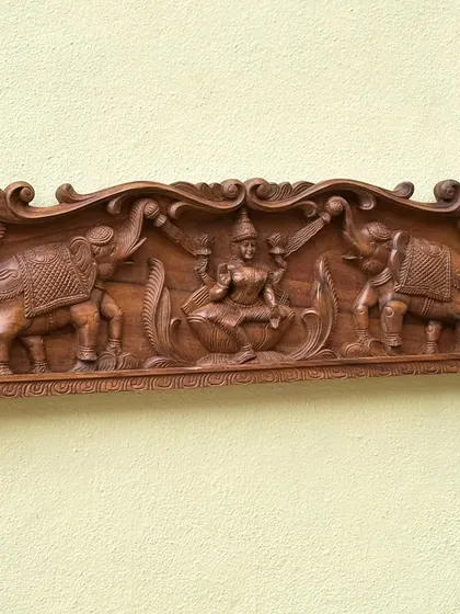 A closer view of the 36-inch Gajalakshmi panel, focusing on the central figure of the goddess and the elephants that flank her.