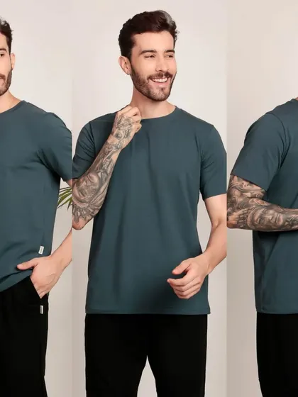 This triptych shows a male model in a casual teal t-shirt from multiple angles. This format is highly effective for e-commerce product pages, giving customers a complete view of the apparel's fit and look.