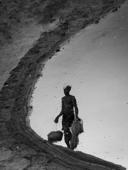 A creative black and white reflection of a person in a puddle, transforming a simple scene into an artistic and abstract composition.