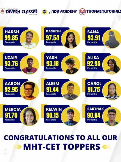 We prepare students for top competitive exams. Congratulations to our MHT-CET toppers for their outstanding percentile scores, paving their way to premier engineering and medical colleges.