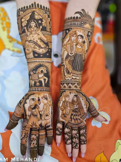 This is a full bridal storytelling design, with each arm telling a different part of the couple's journey. It includes multiple scenes, from the bride getting ready to the couple together, all drawn with natural henna.