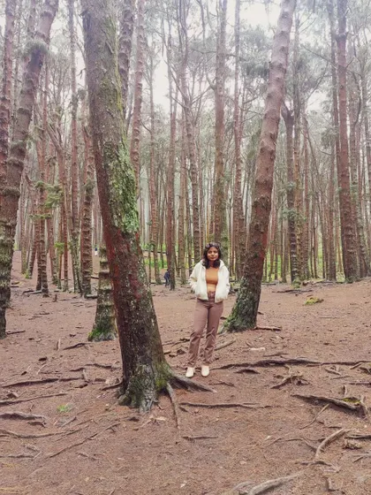 A full-length shot of my Kodaikanal outfit in the beautiful pine forests.