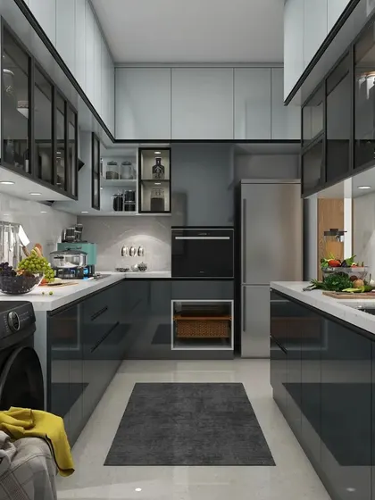A parallel kitchen layout that maximizes storage and efficiency. This view shows the full extent of the cabinetry and the inclusion of a washing machine, demonstrating a smart use of utility space.