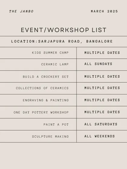 Our updated event and workshop list for March 2025, including kids' camps, crockery set building, and paint-a-pot sessions.