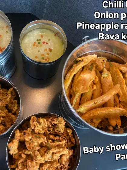 Milagai bajji, onion pakoda and two varieties of rava kesari make up our customised baby-shower snack menu.