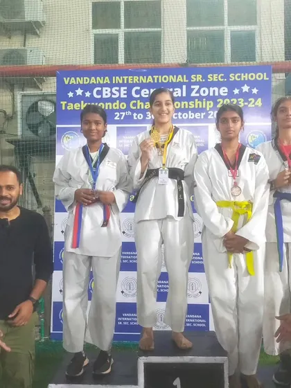 Our student on the podium after winning a silver medal in the CBSE Central Zone, which earned her a selection for the national competition.