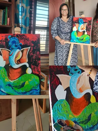 This abstract Ganesha painting by Nandita uses bold colors and fluid shapes to create a modern and spiritual piece. My classes help you explore both traditional subjects and contemporary styles.