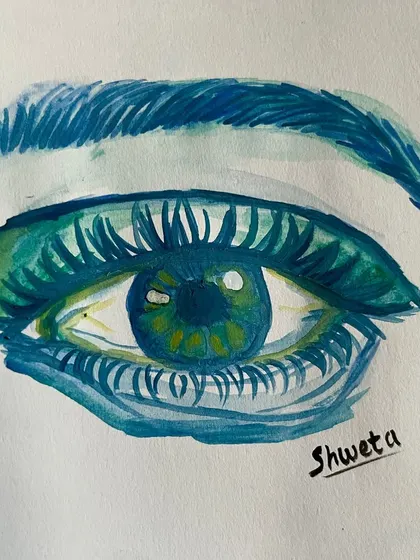 An expressive watercolor painting of an eye, using bold shades of blue and green to create a striking and intense look.