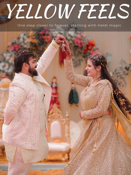 A lovely portrait of the couple sharing a dance during their Haldi ceremony. The "Yellow Feels" title perfectly captures the happy and bright atmosphere of the day.