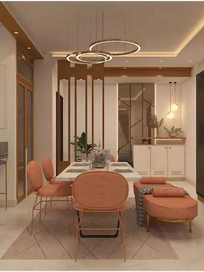 An elegant dining area concept with warm peach tones and a mix of wood and metal details.