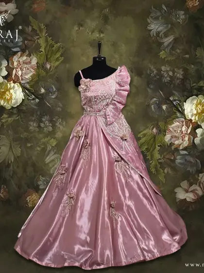 Another view of the stunning off-shoulder peach gown, a perfect blend of elegance and charm.