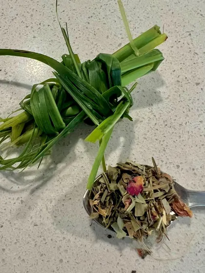 The ingredients for my morning tisane: fresh lemongrass and a blend of rosemary, mint, and rosehip. Bruising the lemongrass releases its fragrant oils.
