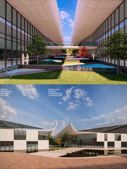 A collage showing both the exterior form and the interior courtyard of the textile mill. This highlights the core concept of an inward-looking design that prioritizes the well-being of the people working inside.