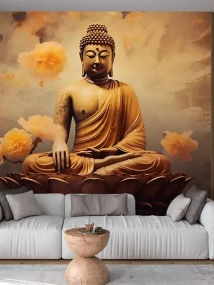 This wallpaper features a golden Buddha statue on a lotus, surrounded by soft, cloud-like orange flowers. The design is peaceful and perfect for a serene space.
