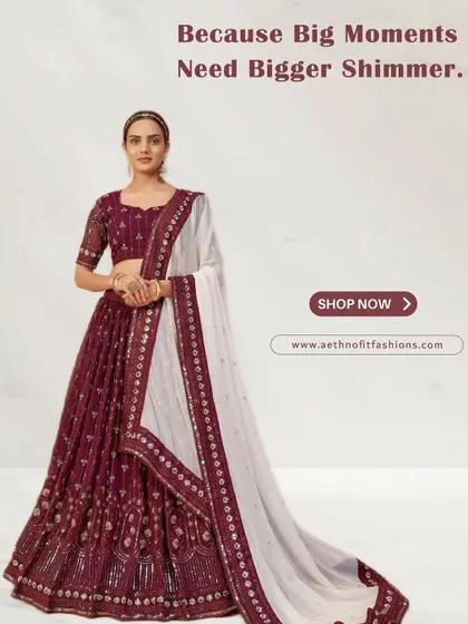 Big moments need bigger shimmer. This maroon lehenga with a contrasting white dupatta is all about royalty, designed for the woman who owns every room she walks into.