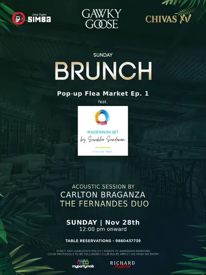A poster from a Sunday Brunch pop-up flea market. These events are a perfect combination of good food, music, and creative fun.