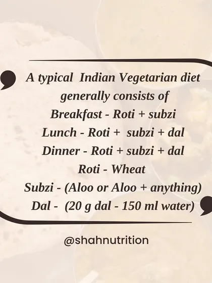 A typical Indian vegetarian meal consists of roti, subzi, and dal. The subzi is often potato-based, and the dal portion is small. This sets up a meal that is very high in carbohydrates.