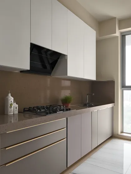 The Lumen House kitchen combines clean lines with a warm, neutral palette. Two-tone cabinetry in soft grey and white is accented with slim brass handles, creating a look of effortless sophistication.