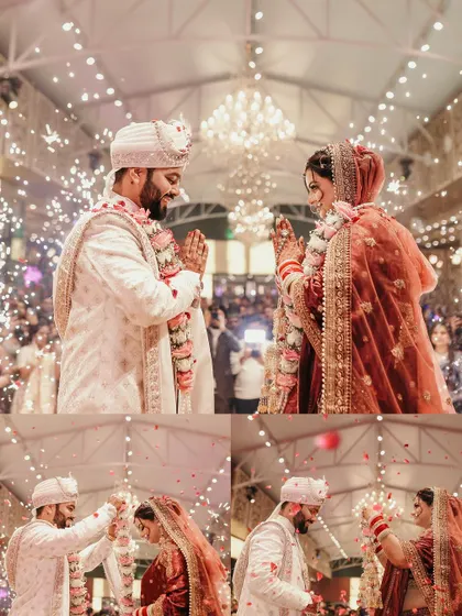 A collage of the Varmala ceremony, capturing the sequence of the garland exchange under a shower of petals and amidst sparklers.