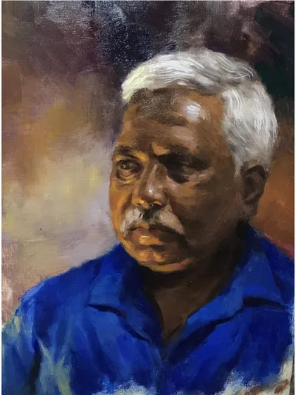Another oil portrait sketch where I explored using a bold blue shirt to contrast with the warm skin tones. These studies are part of my continuous practice.