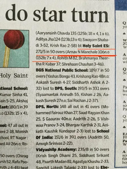 This clipping shows another century by Arnav. Documenting these achievements helps track progress and build a performance history.
