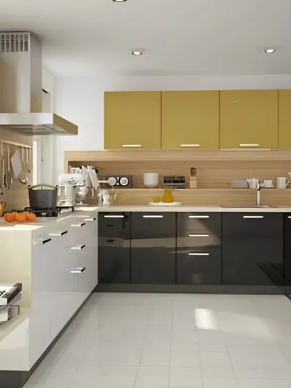This G-shaped kitchen layout includes a small peninsula that doubles as a breakfast counter. The design combines white, black, and yellow cabinets with wood accents for a dynamic and modern look.