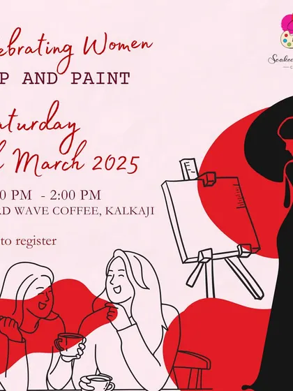 A poster for our special Women's Day Sip and Paint event, celebrating female creativity and connection over coffee and canvas.