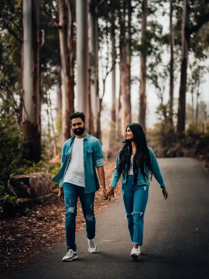 A beautiful shot of a couple walking hand-in-hand down a path lined with tall trees, perfect for a pre-wedding album.