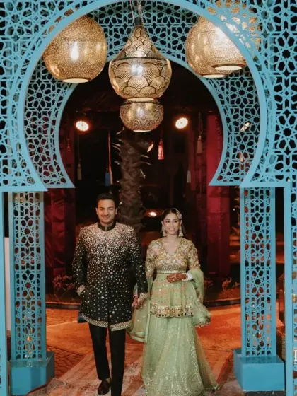 For this Arabian Sufi Night in Bahrain, the couple made a dramatic entrance through a custom-designed Moroccan arch, flanked by fire dancers. We craft these cinematic entries to build atmosphere and create a truly immersive, multi-sensory experience.