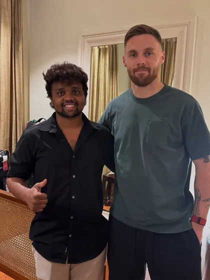 With Phil Salt after a grooming session. I work with numerous international players during the cricket season in India.