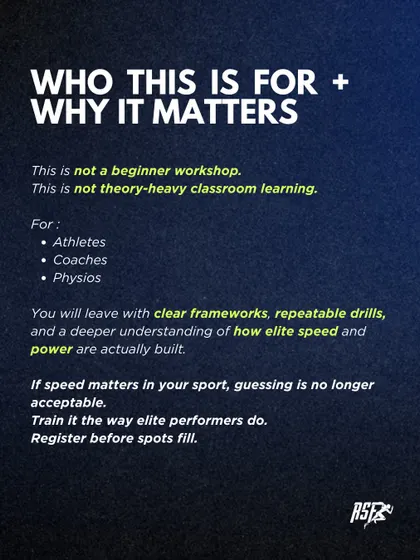Our workshops are designed for a specific audience. This graphic clarifies that our sessions are advanced masterclasses for athletes, coaches, and physios who want clear frameworks and repeatable drills, not beginner theory.