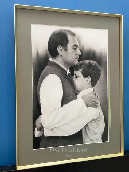 I was commissioned to recreate a poignant, rare photograph of Rahul Gandhi with his father, Rajiv Gandhi. This framed charcoal piece was a special project, aiming to capture the deep emotion and connection of a cherished memory.